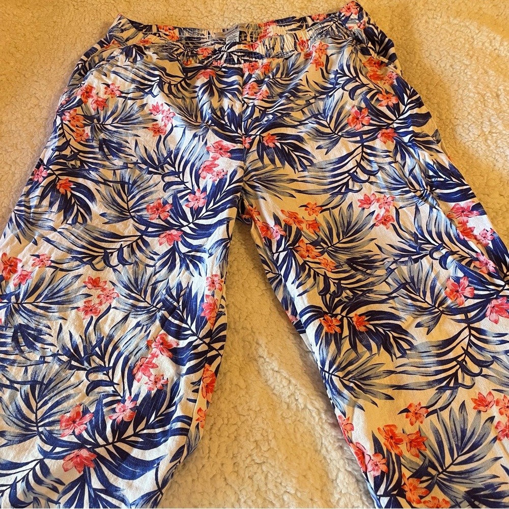 Tropical Floral Linen-Blend Pants - Navy & Coral Print, Beachy, summer